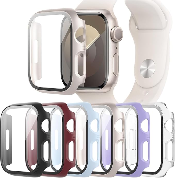 6-Pack Case Compatible with Apple Watch Series 9 8 7 41mm with Tempered Glass Screen Protector, Ultra-Thin Hard PC Full Protective Face Cover Bumper for iWatch 41 mm by QCKANLJ