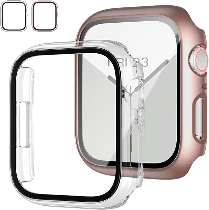 2 Pack Case with Tempered Glass Screen Protector for Apple Watch Series 9 Series 8/7 45mm,JZK Slim Guard Bumper Full Coverage Hard PC Protective Cover Thin Case for iWatch 45mm Accessories,Rose Gold by JZK