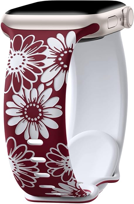 DaQin Floral Engraved Band Compatible with Apple Watch Bands for Women 40mm 41mm 42mm 44mm 45mm 46mm 38mm, Cute Two-Tone Flower Soft Silicone Sport Strap for iWatch Series 11 10 9 8 7 6 5 4 3 2 1 SE by DaQin