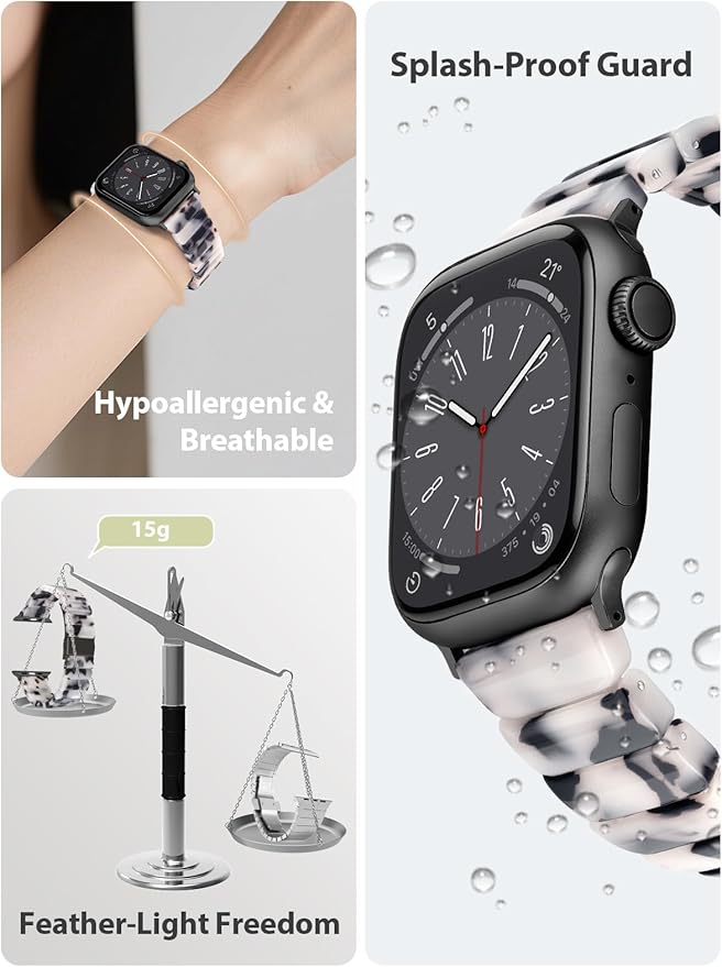 V.R.HOPE Apple Watch Band for Series 11/10/9/8/7/Ultra3 46mm 45mm 44mm 42mm 49mm Fashion Lightweight Resin Dressy Strap for Women Bracelet Compatible with iWatch Series 6/5/4/3/2/1/SE (Black Floral) - Image 2
