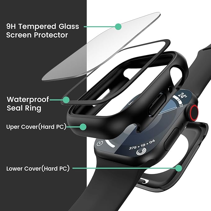 3 in 1 Goton Waterproof Hard Case for Apple Watch Screen Protector 45mm, 360° Slim Full Protective Tempered Glass Face Cover + Back Hard PC Bumper for iWatch Series 9/8/7, 45mm Matte Black - Image 3