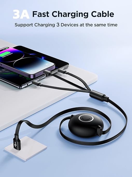 Aioneus Multi Charging Cable 3A Retractable Multi Charging Cord 3 in 1 Fast Charger Multiple Charger USB Cable with Lightning/Type C/Micro USB for Cell Phones/IP/Galaxy/PS/Tablets/iPads - Image 2