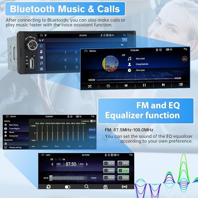 Single Din Car Stereo, 6.36 Inch CarPlay & Android Auto HD IPS Touchscreen Radio with Bluetooth with Backup Camera, Support USB Type-C Charging/USB/Microphone/FM/EQ - Image 3