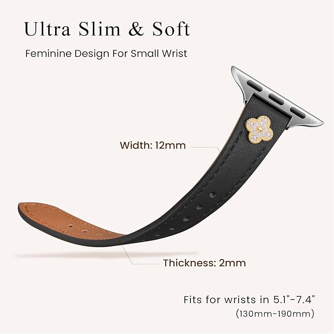 STROLL Thin Leather Band Compatible with Apple Watch Bands 42mm(Series 11 10) 41mm 40mm 38mm Women, Stylish Genuine Leather Strap with Charms, Slim Wristband Design for iWatch SE Series 9 8 7 6 5 4 3 2 1, Black/Silver - Image 3