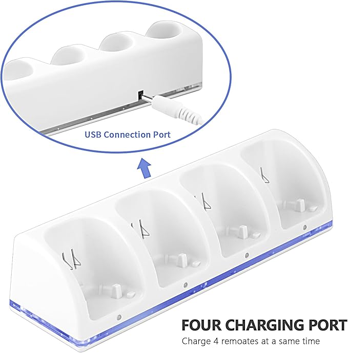 4-in-1 Charger Station for Wii&Wii U Remote Controller,with 4 Rechargeable Batteries(4 Port Charging Station+4 pcs 2800mah Replacement Battery Packs+USB Cable+Plug) Not Include Remote-White - Image 3