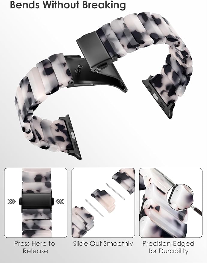 V.R.HOPE Apple Watch Band for Series 11/10/9/8/7/Ultra3 46mm 45mm 44mm 42mm 49mm Fashion Lightweight Resin Dressy Strap for Women Bracelet Compatible with iWatch Series 6/5/4/3/2/1/SE (Black Floral) - Image 3