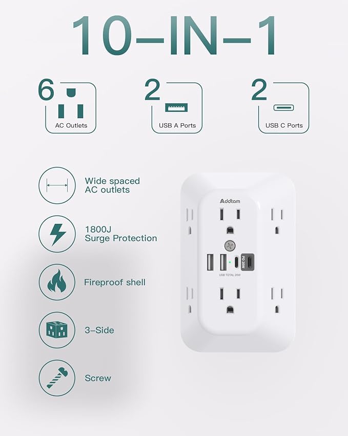 Addtam Surge Protector Outlet Extender, 6-Outlet Splitter with 4 USB Wall Charger(PD 20W), Multi Plug Wall Outlet 1800J Power Strip for Home Office Dorm Room Essentials, White - Image 2