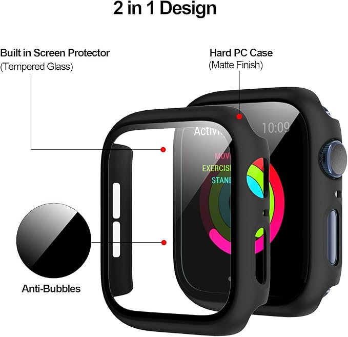 2 Pack Hard PC Case Compatible with Apple Watch Series 9/8/7 45mm, Case with Tempered Glass Screen Protector Overall Bubble-Free Cover for iWatch 9/8/7 Accessories, (Black+Black,45mm) - Image 3