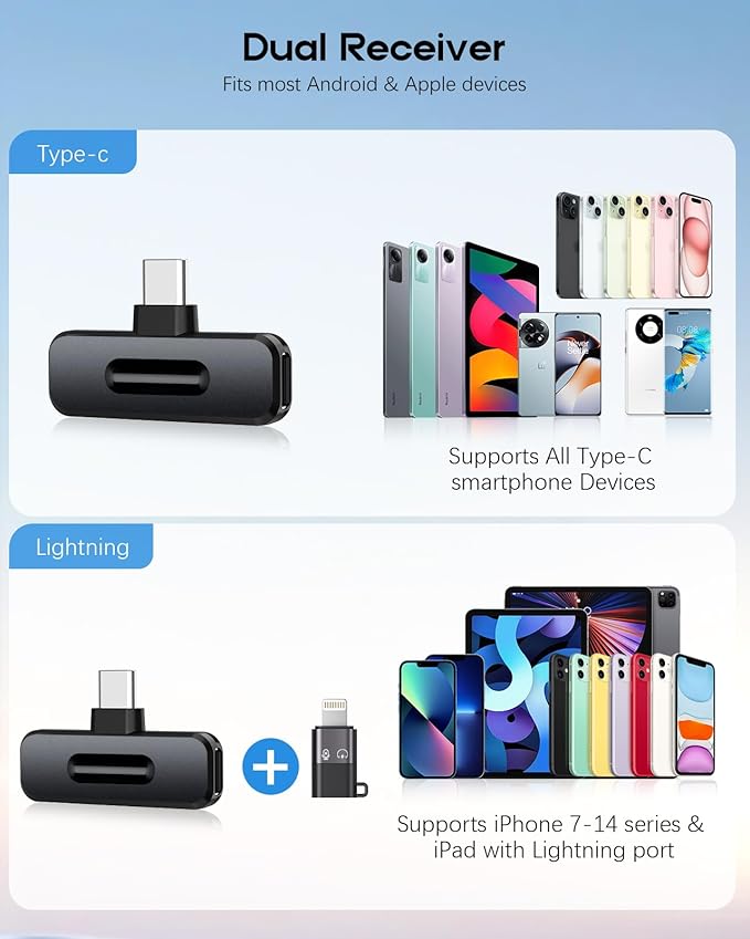 Wireless Mini Microphone for iPhone - 2 Pack Lavalier Microphone for Video Recording, 2 in 1 Noise Reduction Lapel Mic for Ipad, Android,Clip-on Mini Mic with Charging Case - Image 7