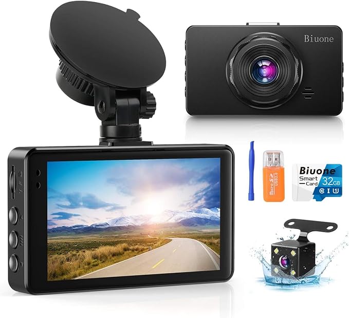 Dash Cam Front and Rear, Dash Camera for Cars with 32G Card Super Night Vision, Car Dash Cam 1080P Dashboard Camera with G-Sensor, Parking Monitor, Loop Recording, Motion Detection Car Camera by BiuoneAdvancingtech