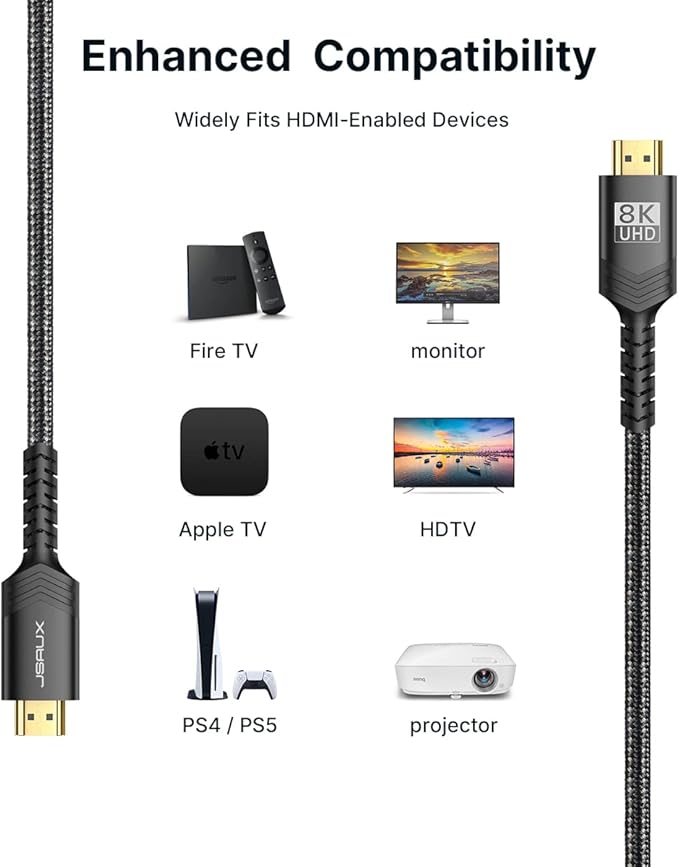 JSAUX 8K HDMI Cable 2.1 2 Pack 15ft, 48Gbps Ultra High Speed HDMI Cable Braided Cord (4K@144Hz, 4K@120Hz, 8K@60Hz) HDCP 2.2&2.3 HDR 10 eARC ARC, Compatible with Switch 2/PS5/Laptop/Monitor/HDTV/-Black - Image 6