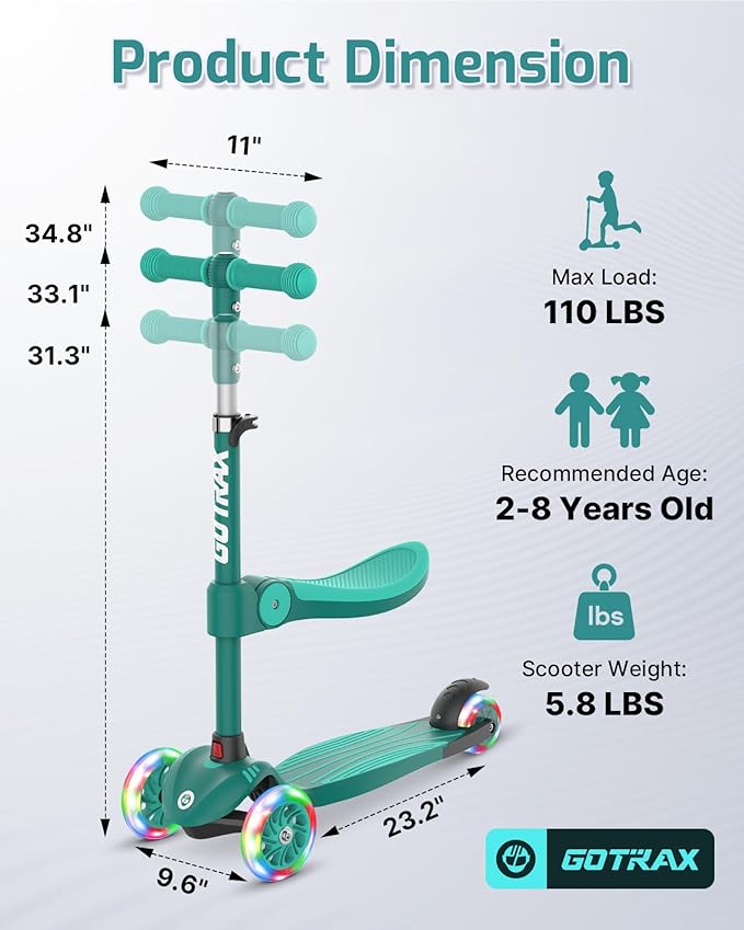 Gotrax KS3 Kids Kick Scooter, LED Lighted Wheels, Adjustable Height Handlebars and Removable Seat, Lean-to-Steer & Widen Anti-Slip Deck, 3 Wheel Scooter for Kids Ages 2-8 and up to 110 Lbs - Image 9