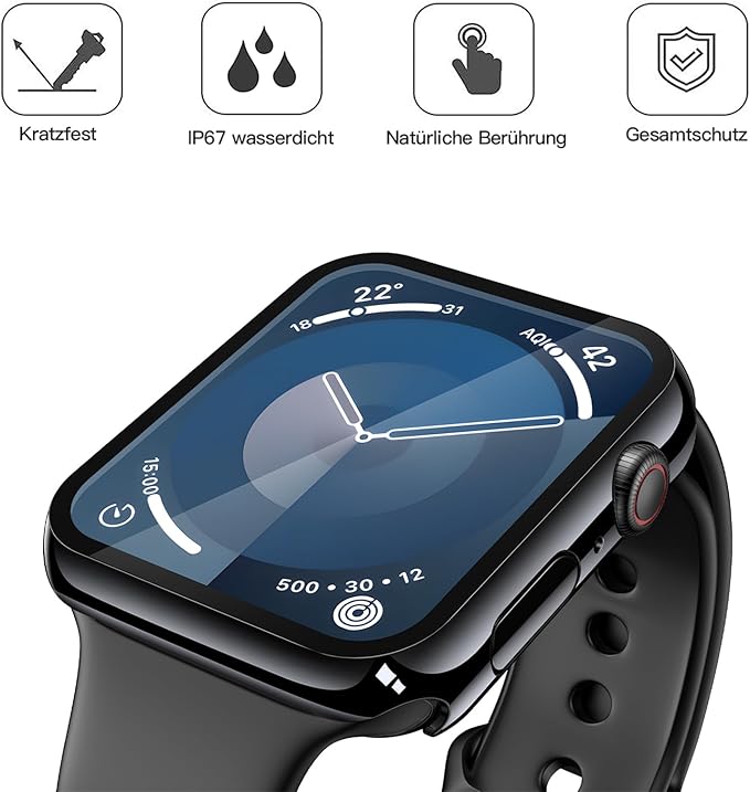 Misxi [2 Pack] Waterproof Hard Case with Tempered Glass Compatible with Apple Watch Series 9 Series 8 Series 7 45mm, Ultra-Thin Cover for iWatch Screen Protector, 1 Jet Black + 1 Transparent - Image 4