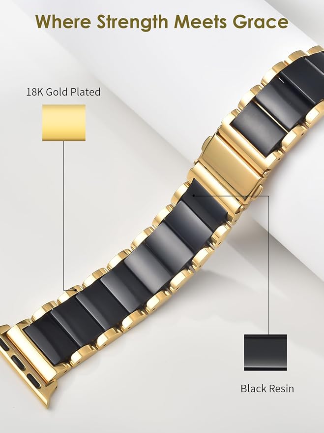 V.R.HOPE Gold Stainless-Steel Metal Resin Apple Watch Band 38mm 40mm 41mm 42mm Fashion Bracelet Strap for Women Compatible with iWatch Series 11/10/9/8/7/6/5/4/3/2/1/SE (Black+Gold) - Image 3