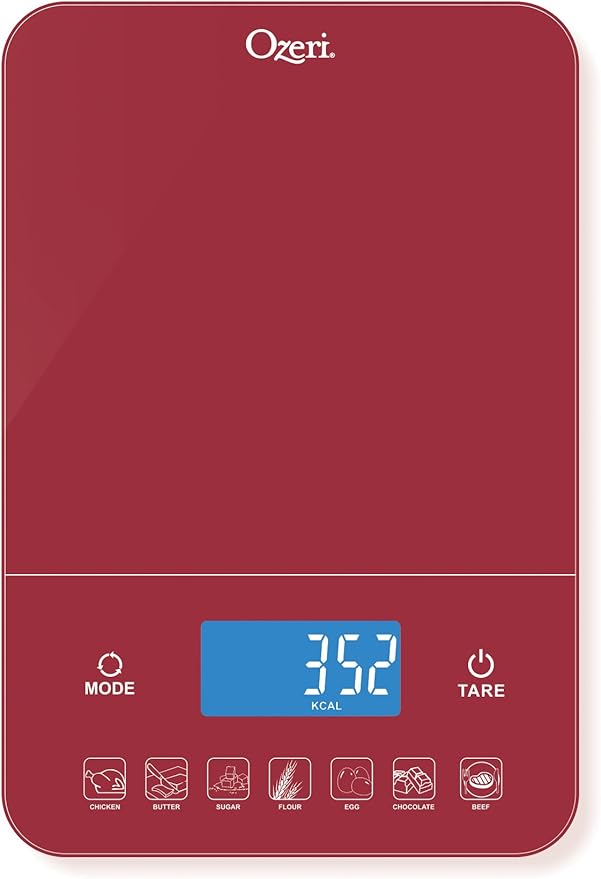 Ozeri Touch III 22 lb (10 kg) Digital Kitchen Scale with Calorie Counter in Tempered Glass, Red Engine - Image 2