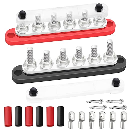 250A Bus Bar 12V Marine 6 x 5/16" (M8) Terminal Studs 12V-48V Power Distribution Block with Cover,with 6PCS Battery Lugs and 6PCS Heat Shrink Tubing Busbar for Boat Automotive Car by maierke