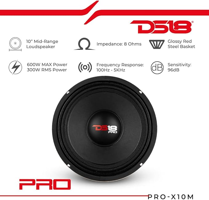 DS18 PRO-X10M Loudspeaker - 10", Midrange, Red Steel Basket, 600W Max, 300W RMS, 8 Ohms - Premium Quality Audio Door Speakers for Car or Truck Stereo Sound System (1 Speaker), Classic - Image 2