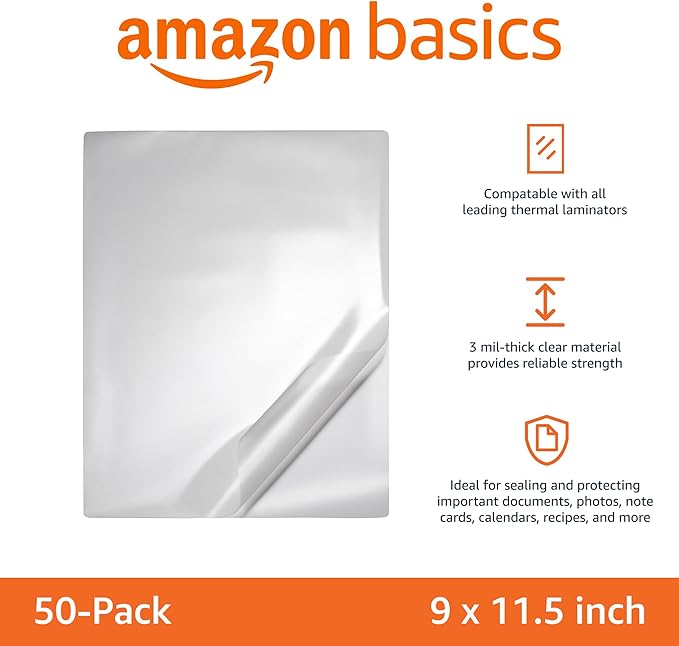 Amazon Basics Clear Thermal Laminating Plastic Paper Laminator Sheets, 9 x 11.5-Inch, 50-Pack, 2.8mil - Image 2