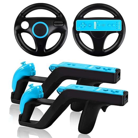 LongLongJin 2 Racing wii Steering Wheels And 2 wii Zapper Gun controller Premium Accessories, Compatible With Nintendo Wii U Remote and Nunchuck Games(Black) by LongLongJin