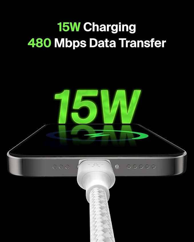 Belkin USB A to USB C Cable, 3.3ft, 15W - Type C Charger, iPhone Charger Cord, Soft, Braided, Flexible for iPhone 17 & 16, Galaxy S25, Pixel 10, iPad Pro, Airpods Pro, Switch & More - White - Image 2