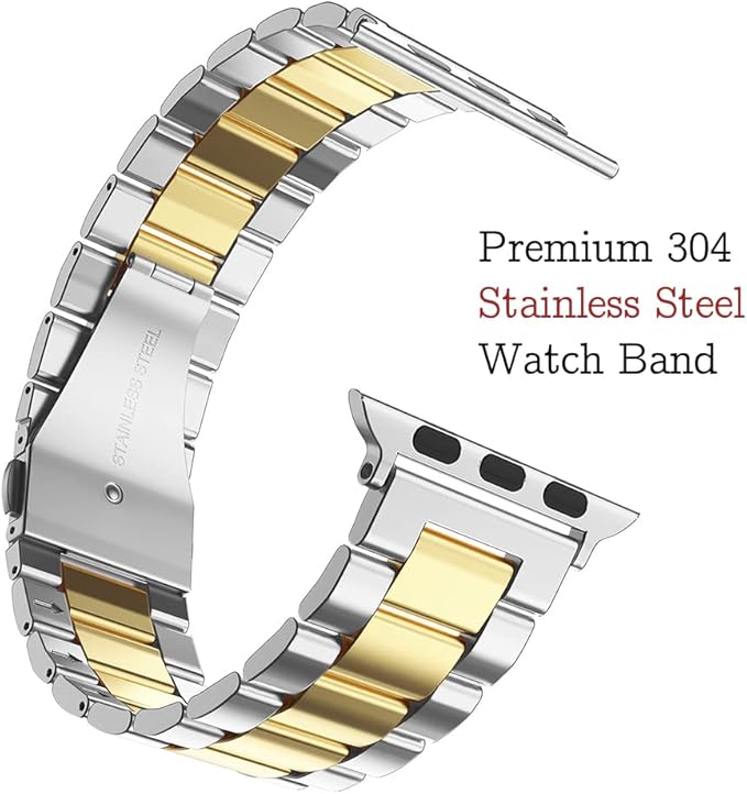 Compatible with Apple Watch Band and Case, Stainless Steel Metal Chain with TPU Cover, Smart-Watch Link Bracelet Strap, Wrist-Band for i-Watch Series 10 11, 46mm, Silver+Gold - Image 4