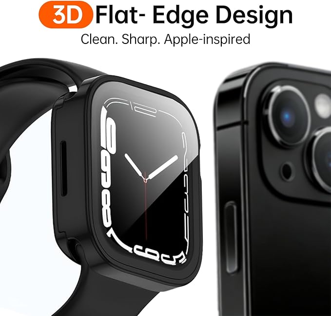 2 Pack 2 in 1 Waterproof Case for Apple Watch Series 9 8 7 45mm, Straight Edge PC Front & Back Bumper with Tempered Glass Screen Protector 360 Protective Cover for iWatch (45mm, Black/Black) - Image 2