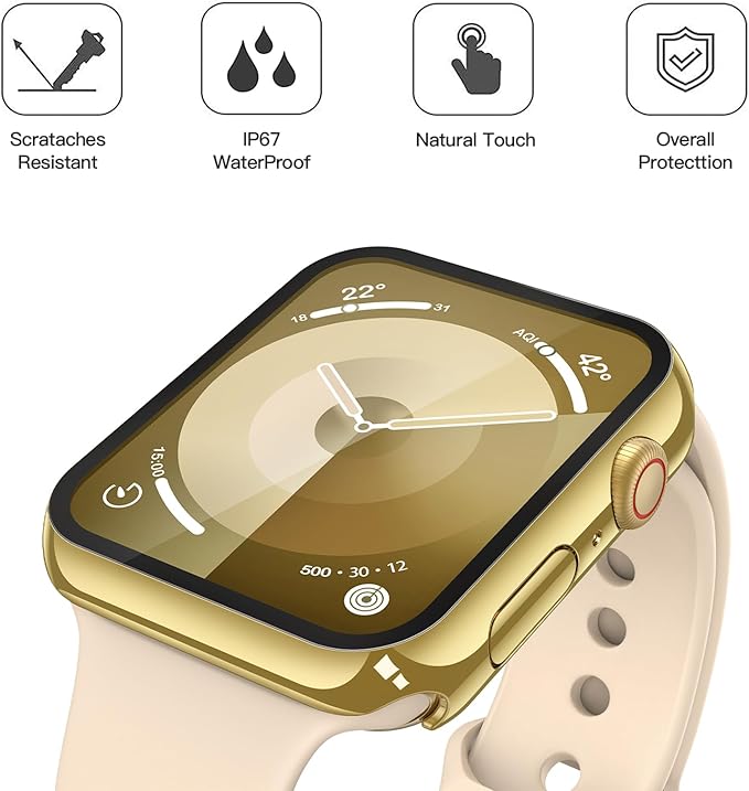Misxi [2 Pack] Waterproof Hard Case with Tempered Glass Compatible with Apple Watch Series 9 Series 8 Series 7 41mm, Ultra-Thin Cover for iWatch Screen Protector, 1 Gold + 1 Transparent - Image 4