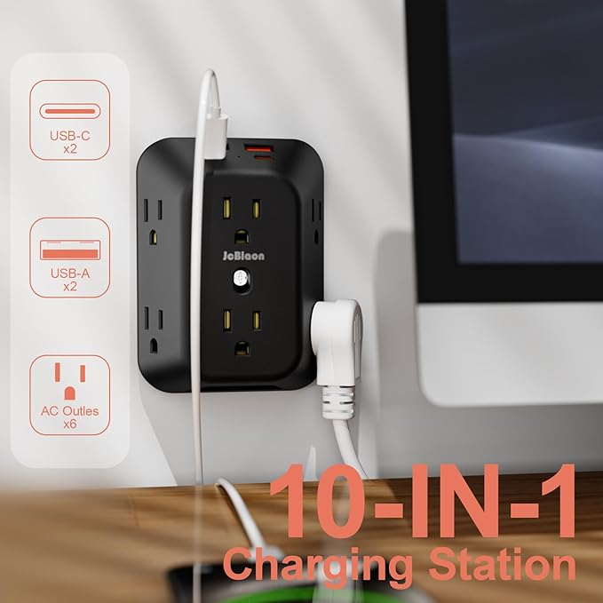 USB Wall Charger Electrical Outlet Extender, Surge Protector, 6 Outlet Splitter with 4 USB Outlet (2USB A, 2USB C) 4-Sided 1050J Power Strip Multi Plug Adapter for Home Office Travel - Image 2