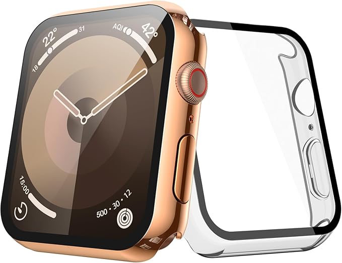 [2-Pack] Julk Copper Gold Case with Screen Protector for Apple Watch 9/8/7 45mm, 9H Tempered Glass with Ultra Thin Hard Protective Cover for iWatch [1 Copper Gold + 1 Transparent] by JULK