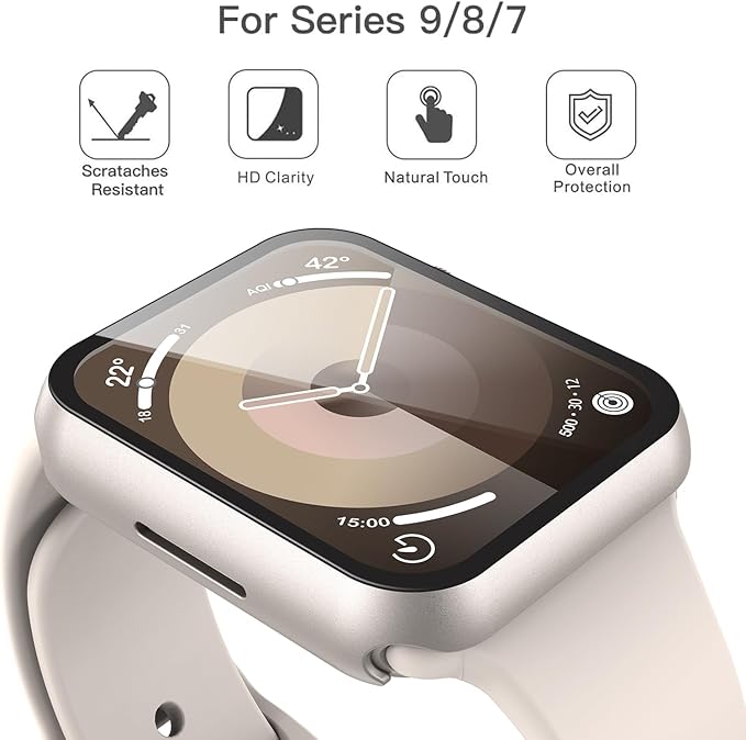 Misxi 2 Pack Hard PC Case with Tempered Glass Screen Protector Compatible with Apple Watch Series 9 Series 8 Series 7 45mm, Anti-Drop Scratch Resistant Lightweight Cover for iWatch, 2 Starlight - Image 2