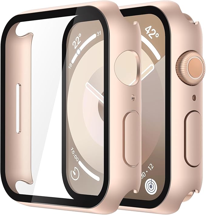 Misxi 2 Pack Tempered Glass Case Compatible for Apple Watch Series 9 Series 8 Series 7 41mm, Hard PC Screen Protector Overall Protection Scratch-Resistant Cover for iWatch, 1 Rose Gold + 1 Transparent by Misxi