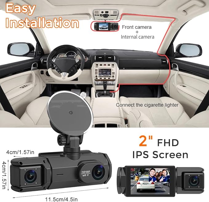 Dash Cam for Cars, 1080P Full HD Dual Dash Cam Front Inside, WiFi, 2" Screen, Night Vision, G-Sensor, Loop Recording, 170° Wide Angle, APP Control (Dual Dashcam) - Image 8