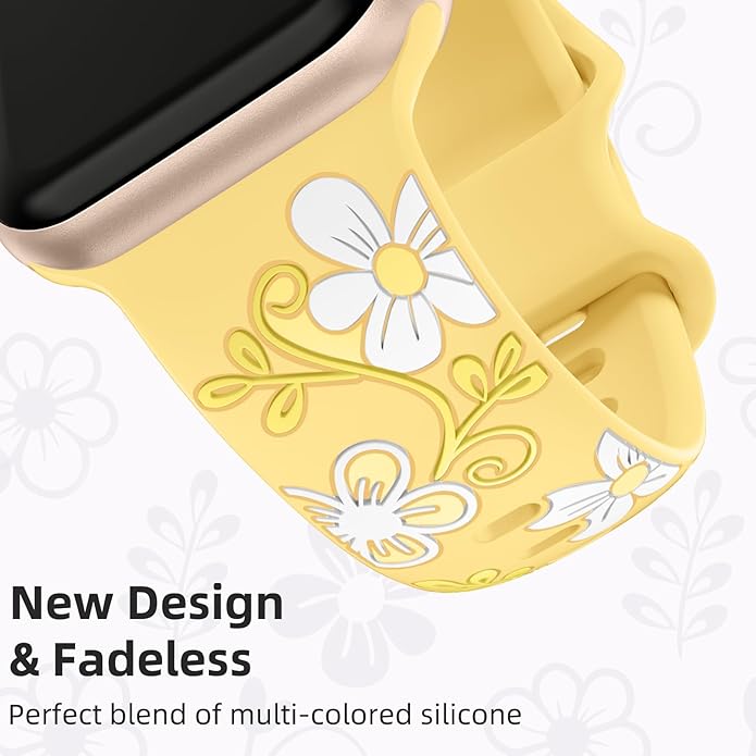 Witzon Floral Band Compatible with Apple Watch Bands For Women 40mm 41mm 38mm 42mm 44mm 45mm 46mm 49mm, Engraved Cute Flower Silicone Dressy Strap for iWatch Series 11 10 9 8 7 6 5 4 3 2 SE Ultra - Image 9
