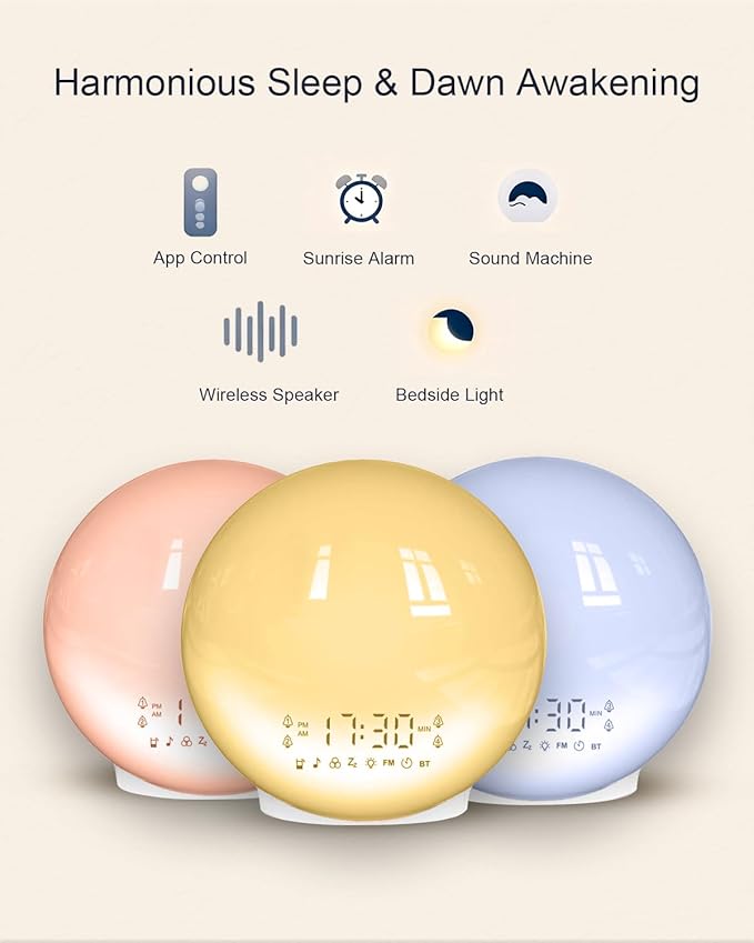 Smart Sunrise Alarm Clock with No Signup APP Control & Wake-Up Light, 4 Alarms, White Noise, FM Radio, Wireless Speaker, White - Image 3