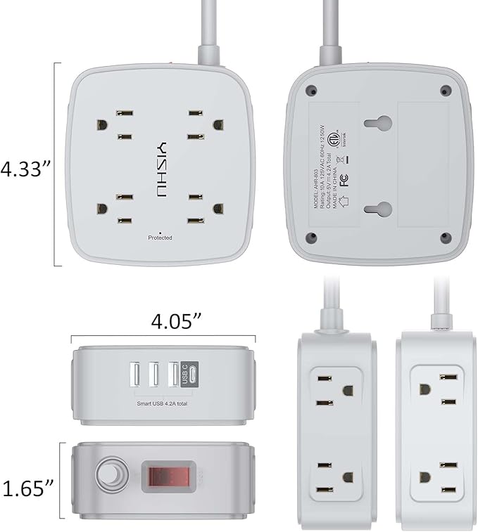 10 Ft Surge Protector Power Strip - 8 Widely Outlets with 4 USB Ports, 3 Side Outlet Extender with 10 Feet Extension Cord, Flat Plug, Wall Mount, Desk USB Charging Station, ETL, Grey - Image 7