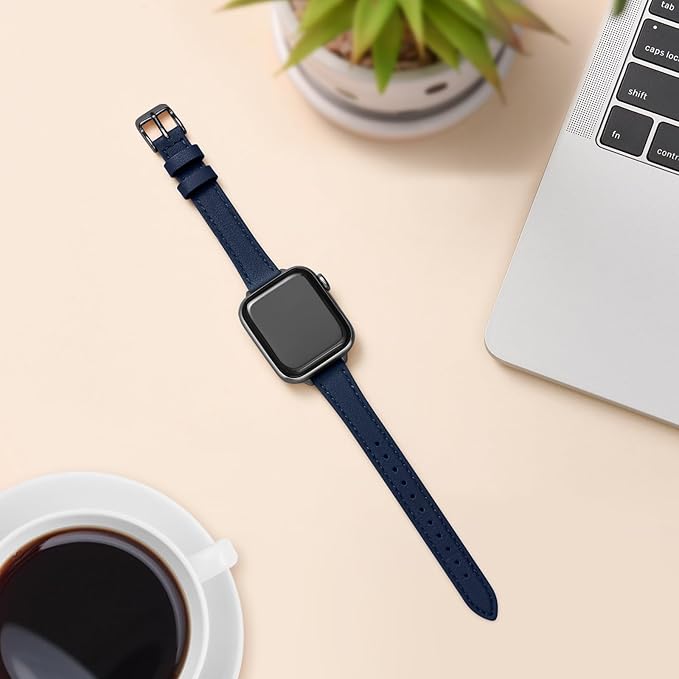STIROLL Slim Leather Bands Compatible with Apple Watch Band 49mm 46mm 45mm 44mm 42mm(Series 3 2 1), Top Grain Leather Watch Thin Wristband for iWatch Ultra SE Series 10 9 8 7 6 5 4(Navy Black) - Image 4