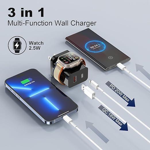 for Apple Watch Charger,20W PD 3-in-1 Fast Charger with Magnetic Wireless Charging and Dual Ports, Portable USB C Wall Charging Block Compatible with iPhone, Apple Watch Series (Black) - Image 5
