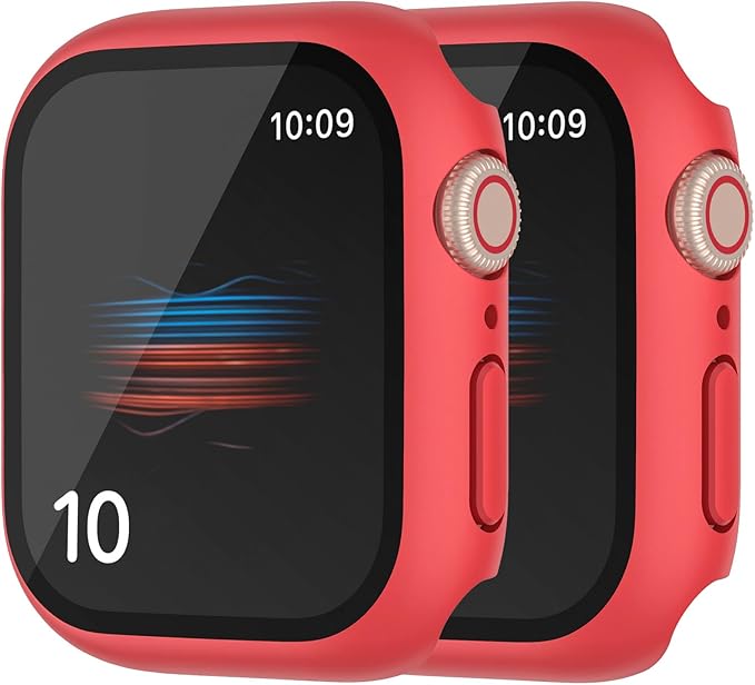 2 Pack Hard Case for Apple Watch Series 7 8 9 45mm Tempered Glass Screen Protector Case, Full Coverage Matte Shockproof Iwatch Thin Bumper Cover (Red+Red, 45mm) by HANKN