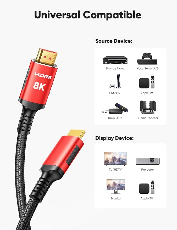 Snowkids 8K HDMI Cable 2.1 Long 15FT 2-Pack, Ultra 48Gbps High Speed 8K@60Hz 4K@120Hz 144Hz Braided HDMI Cord HDCP 2.2&2.3, eARC,HDR10, Dynamic HDR Compatible with TV/PS-5/HDTV - Image 9