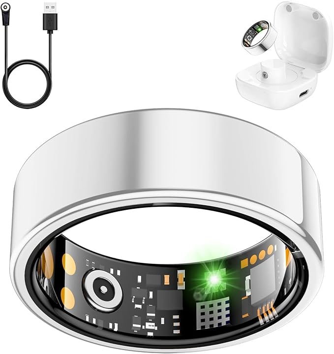 Smart Ring for Women Men, Fitness Ring with Heart Rate, Blood Oxygen,Stress, Sleep Tracker, Step Tracker, Fit Ring No Subscription Fee, IP68 Waterproof Smart Ring for iPhone & Android (Silver, 7#) by Unknown