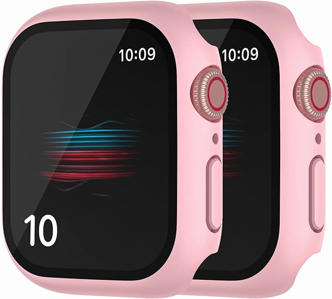 2 Pack Hard Case for Apple Watch Series 4 5 6 SE 44mm Tempered Glass Screen Protector Case, Matte Surface Shell Full Coverage Iwatch Bumper Cover (Pink+Pink, 44mm) by HANKN