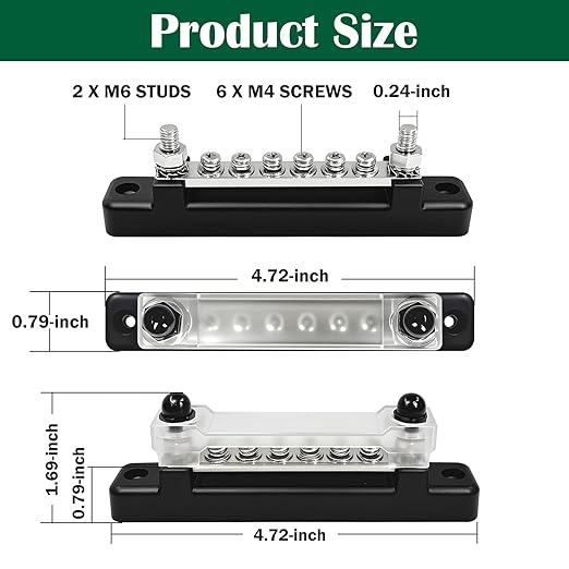 LENKRAD 150A Power Distribution Block with Cover + Ring Terminals, 12V Waterproof Automotive Ground Bus Bar, 48V Marine Busbar for RV, Boat Negative Buss Bar Kit -2 x M6 Post + 6 x M4 Screws - Image 2