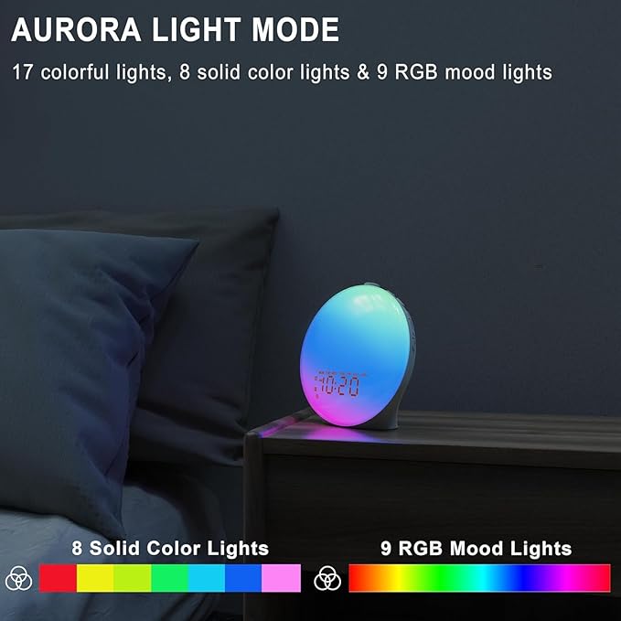 Wake Up Light Sunrise Alarm Clock for Bedroom, 17 Nightlights, Sound Machine with 5W Bluetooth Speaker, 25 Soothing Sounds, SleepTimer, Dual Alarms, FM Radio, Ideal Gift for Baby, Kids, Adults, Senior - Image 5