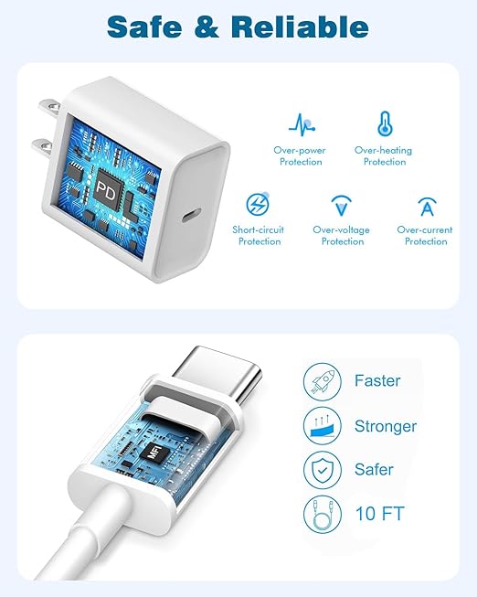Fast Charger for iPhone 17/16/15 Charger,iPhone 16/15 ChargerFast Charging Type C USB C Wall ChargerBlock Adapter 10FT USB C Charging Cable Cord for Apple iPhone 17 16 15 Pro Max/15 Plus/iPad Pro/Air - Image 3