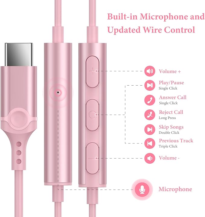 APETOO USB C Headphones for iPhone 15 Plus 16 17 Pro Max iPad Pro USB-C Wired Earbuds with Microphone Volume Control HiFi Stereo Type C Earphones for Galaxy S26 S25/S24/S23/S22, Pixel 10 9 8 7 6, Pink - Image 3