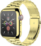 iiteeology Compatible with Apple Watch Bands 44mm Series 6 5 4 Se, Upgraded Stainless Steel Band with iWatch Screen Protector Case for Men Women Gold/Gold - Image 2