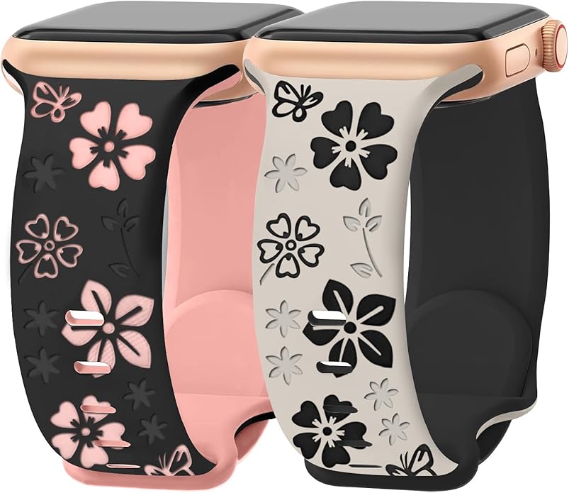 2 Pack Floral Engraved Bands for Apple Watch Band 38mm 40mm 41mm 42mm 44mm 45mm 46mm 49mm Women, Two-Tone Cute Flower Soft Silicone Sport Strap for iWatch S10 9 8 7 6 5 4 3 2 SE Ultra by Unknown
