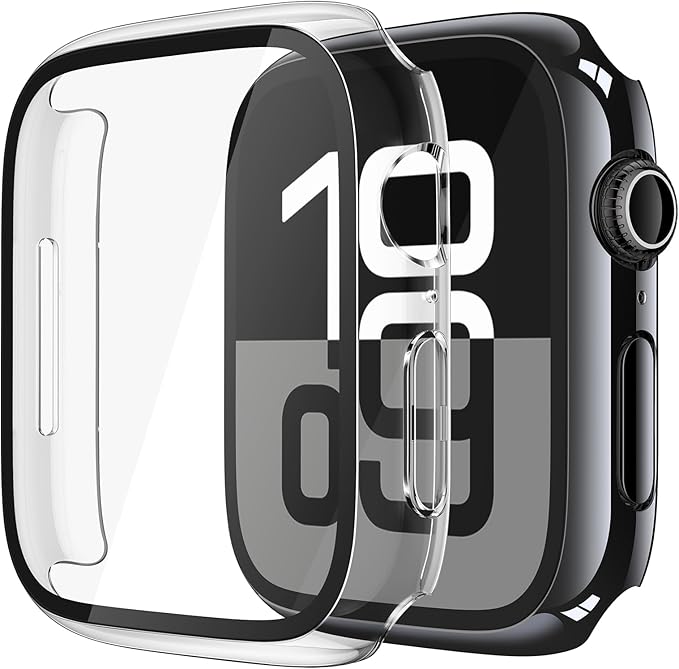 Misxi 2 Pack Tempered Glass Case Compatible for Apple Watch Series 11 (2025) Series 10 42mm, Hard PC Screen Protector Overall Protection Scratch-Resistant Cover for iWatch, 1 Jet Black + 1 Transparent by Misxi