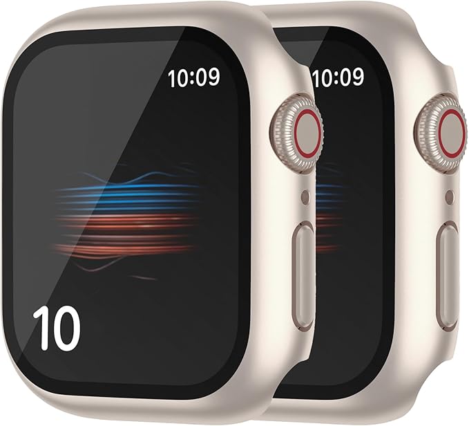 2 Pack Hard PC Case with Button for Apple Watch Series 11 10 42mm Tempered Glass Screen Protector Case, Full Coverage Iwatch Scratch-Resistant Bumper Cover (Starlight x 2) by HANKN