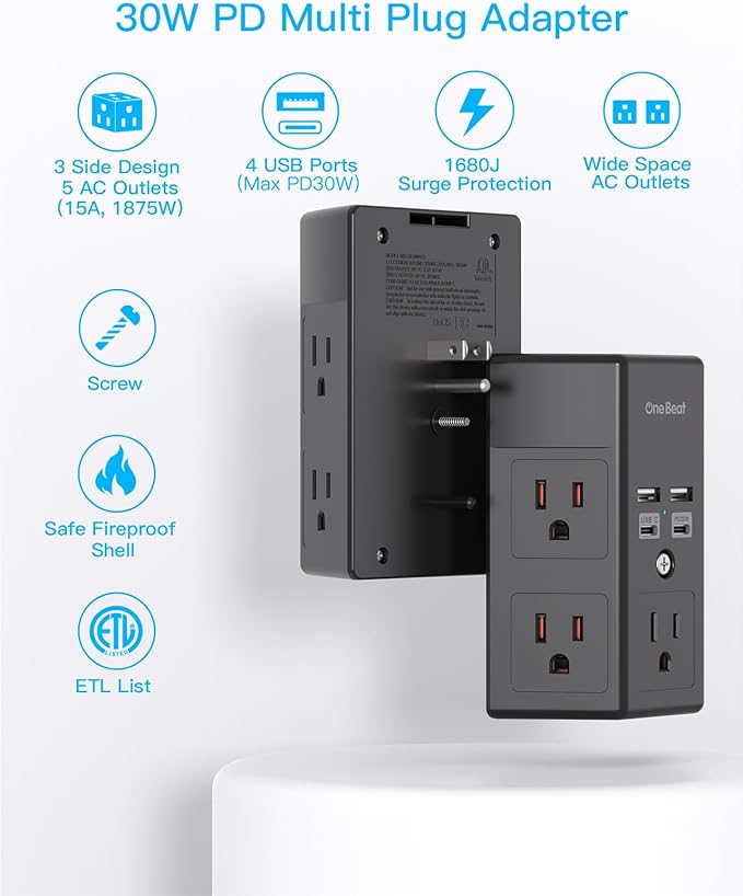 Surge Protector, 5 Outlets Extender with 4 USB Ports(USB C PD30W), 3-Side 1680J Power Strip Multi Plug Outlet Expander, USB Wall Charger, Outlet Splitter Adapter Wall Mount for Home Office(Black) - Image 2